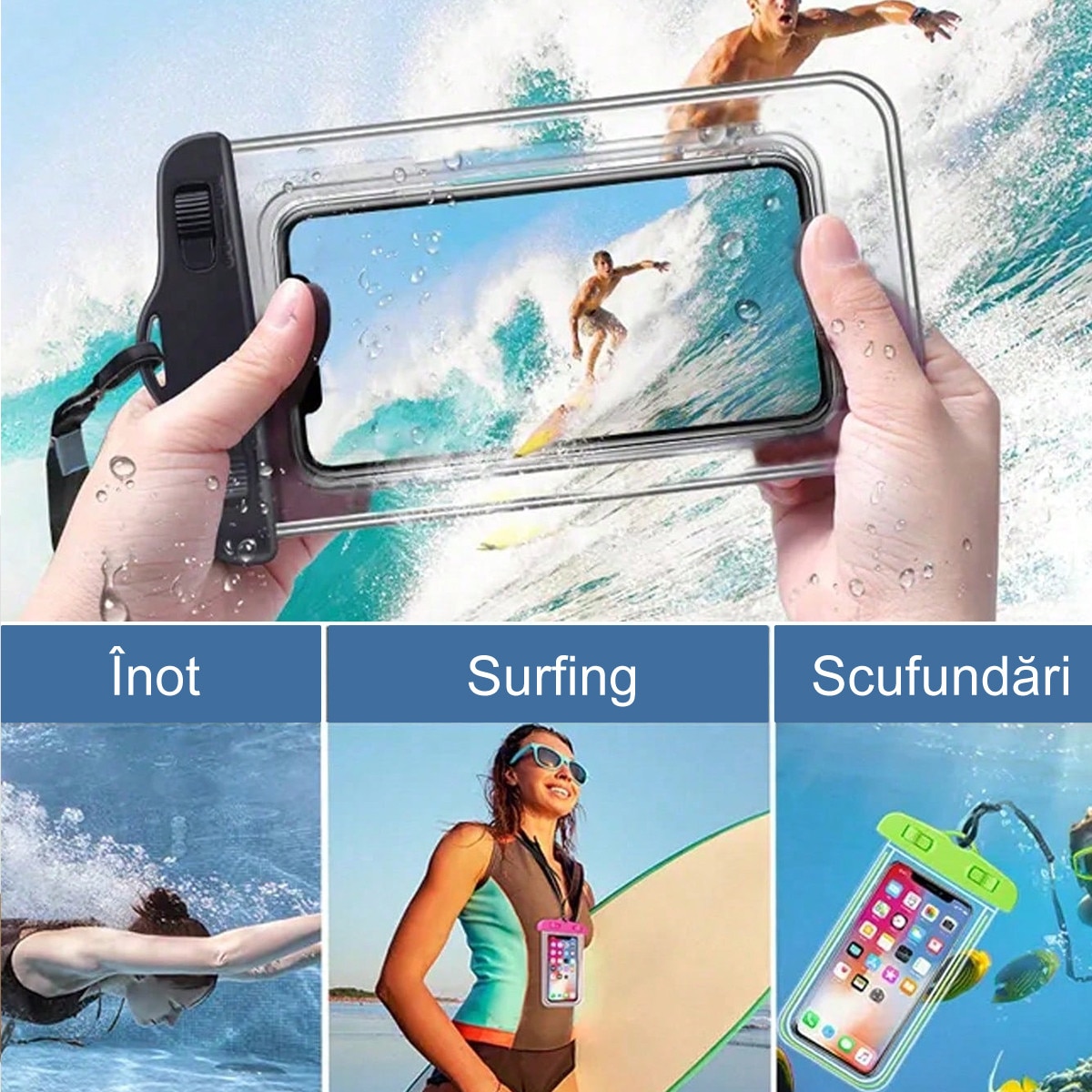 Set 2 Husa Impermeabila subacvatica Universala pentru Telefon (pana la 7 inch), Certificare IPX8, Protectie Subacvatica, Ecran Tactil Sensibil, Snur Inclus, Plaja/Piscina/Sporturi Acvatice, Protectie Apa/Nisip/Praf, Compatibila iPhone/Samsung, Negru