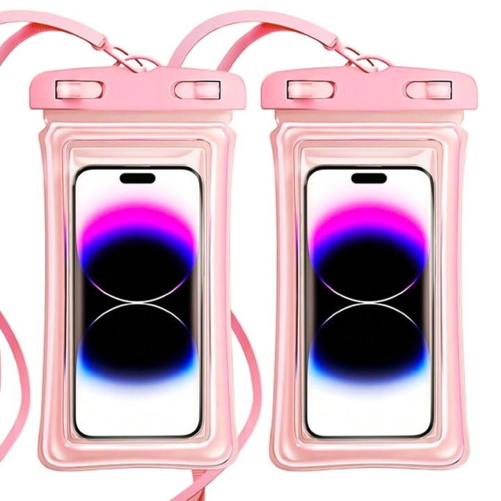 Set 2 Husa subacvatica waterproof Universale, SuooTci, 6" Sac Universal Etans, pentru telefon sau documente, cu Cord pentru Gat, IPX8, Roz