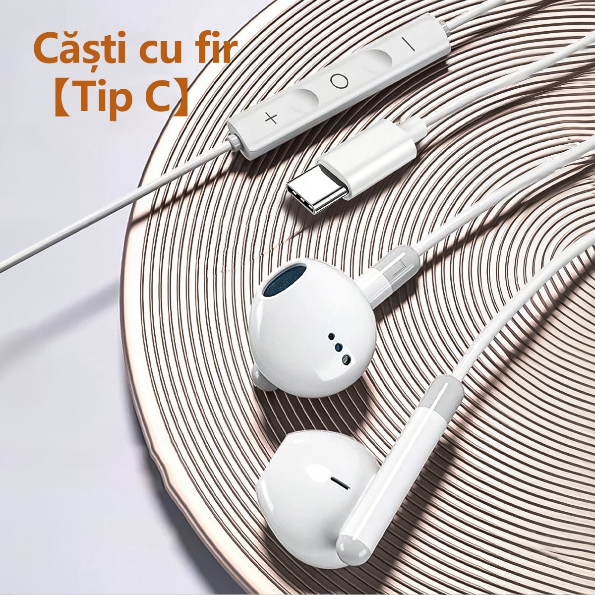 Casti cu Fir In-Ear cu Conector USB-C/Type-C, Telecomanda pe Fir pentru Control Volum/Muzica/Apeluri, Microfon Integrat, Sunet Stereo Digital, Compatibile cu Samsung, Xiaomi, Huawei, iPad Pro, Alb