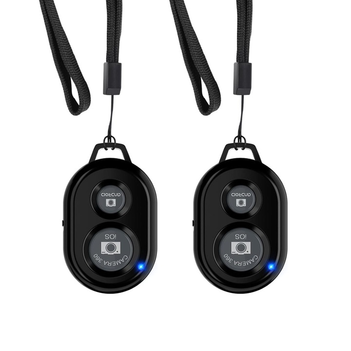 Set 2 Telecomanda Bluetooth pentru Camera Telefon, Declansator Wireless pentru Fotografii si Videoclipuri, Compatibila cu iOS/Android (iPhone, Samsung, Ipad), Curea de Mana Inclusa, Recomandat pentru Selfie-uri, Vlogging, Poze de Grup, Negru
