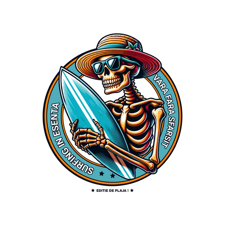 Sticker Vara Fara Sfarsit, Surfing in esenta - Skeleton Summer Surf Beach, Autoadeziv, Cri-Flo, dimensiune 10 cm