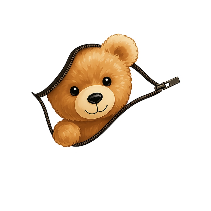 Sticker Ursulet Funny care a desfacut fermoare, Autoadeziv, Cri-Flo, dimensiune 6 cm