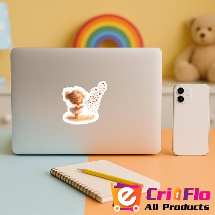 Sticker fetita sufla inimioare1, Autoadeziv, Cri-Flo, dimensiune 20 cm