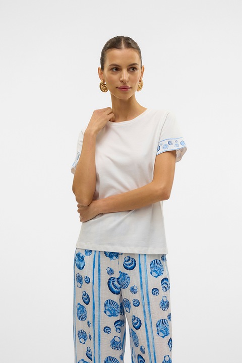 Vero Moda, Тениска от органичен памук с графика, Бял/Син