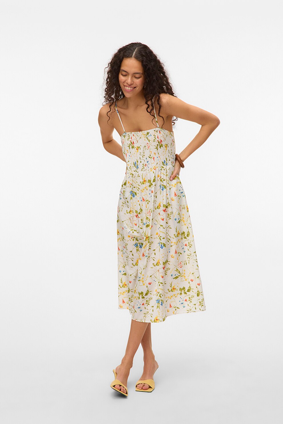 Vero Moda, Rochie midi cu bretele inguste, Alb, Verde, M