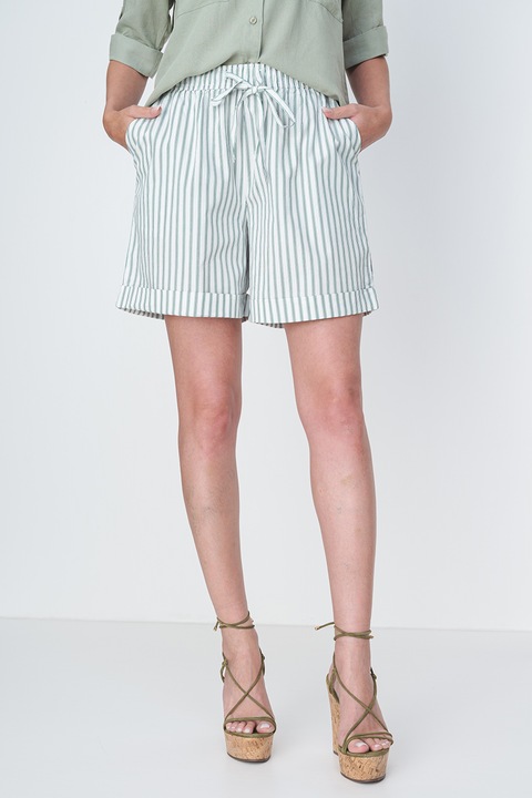 Pieces, Pantaloni scurti din bumbac cu model in dungi, Verde, Alb murdar, XS
