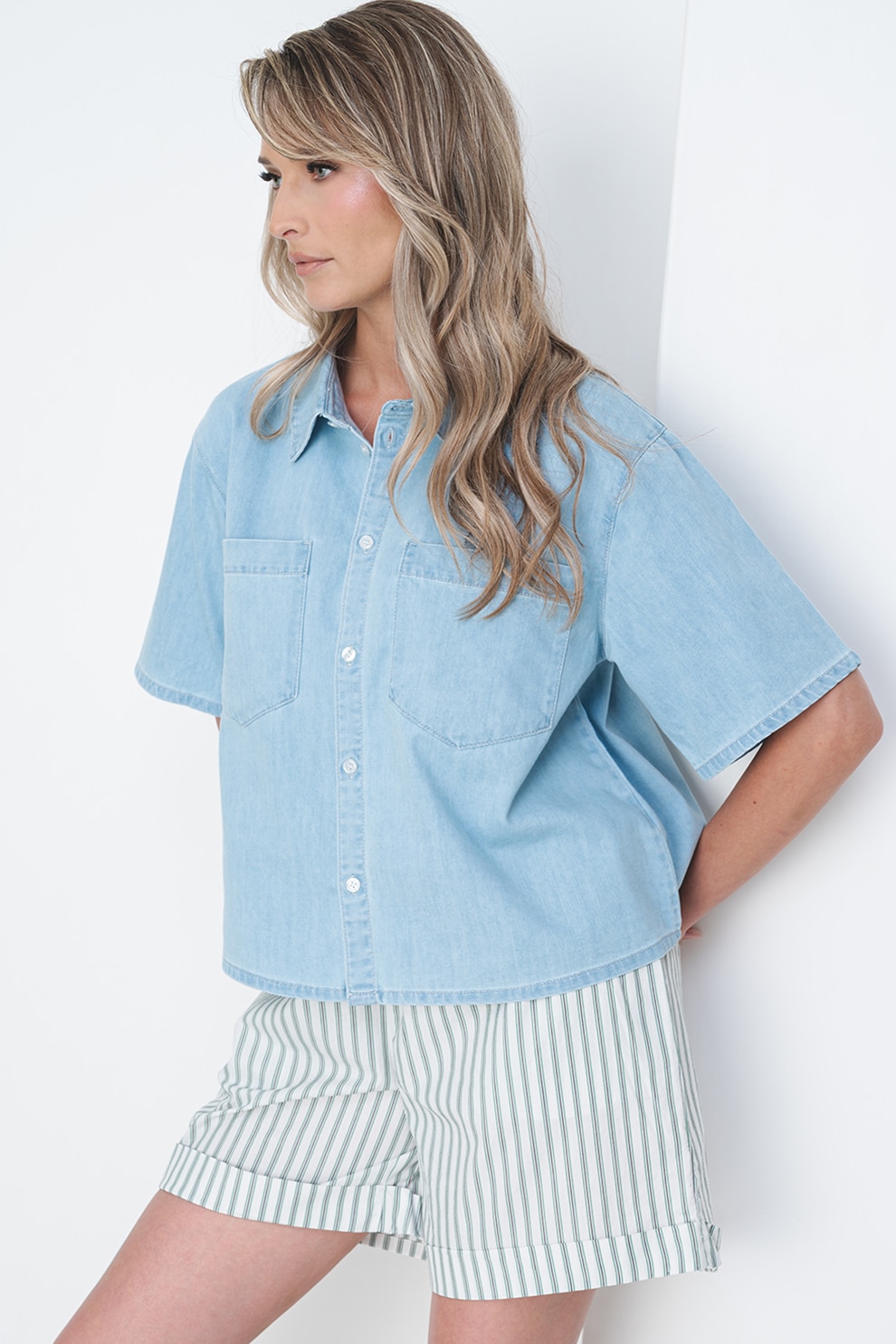 Pieces, Camasa de denim cu buzunare pe piept Tula, Albastru deschis, S
