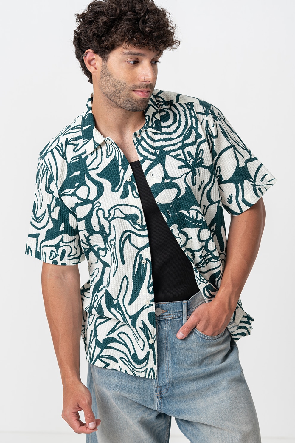 Only & Sons, Camasa lejera cu model, Verde englez, Crem, S