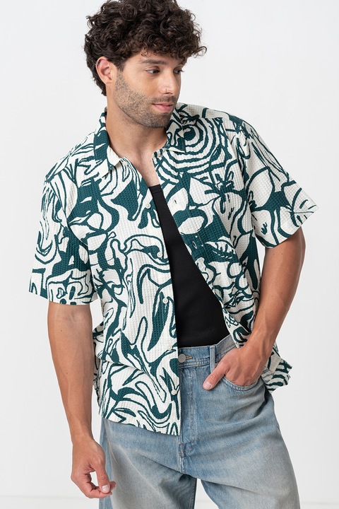 Only & Sons, Bő fazonú mintás ing, Angolzöld/Krémszín