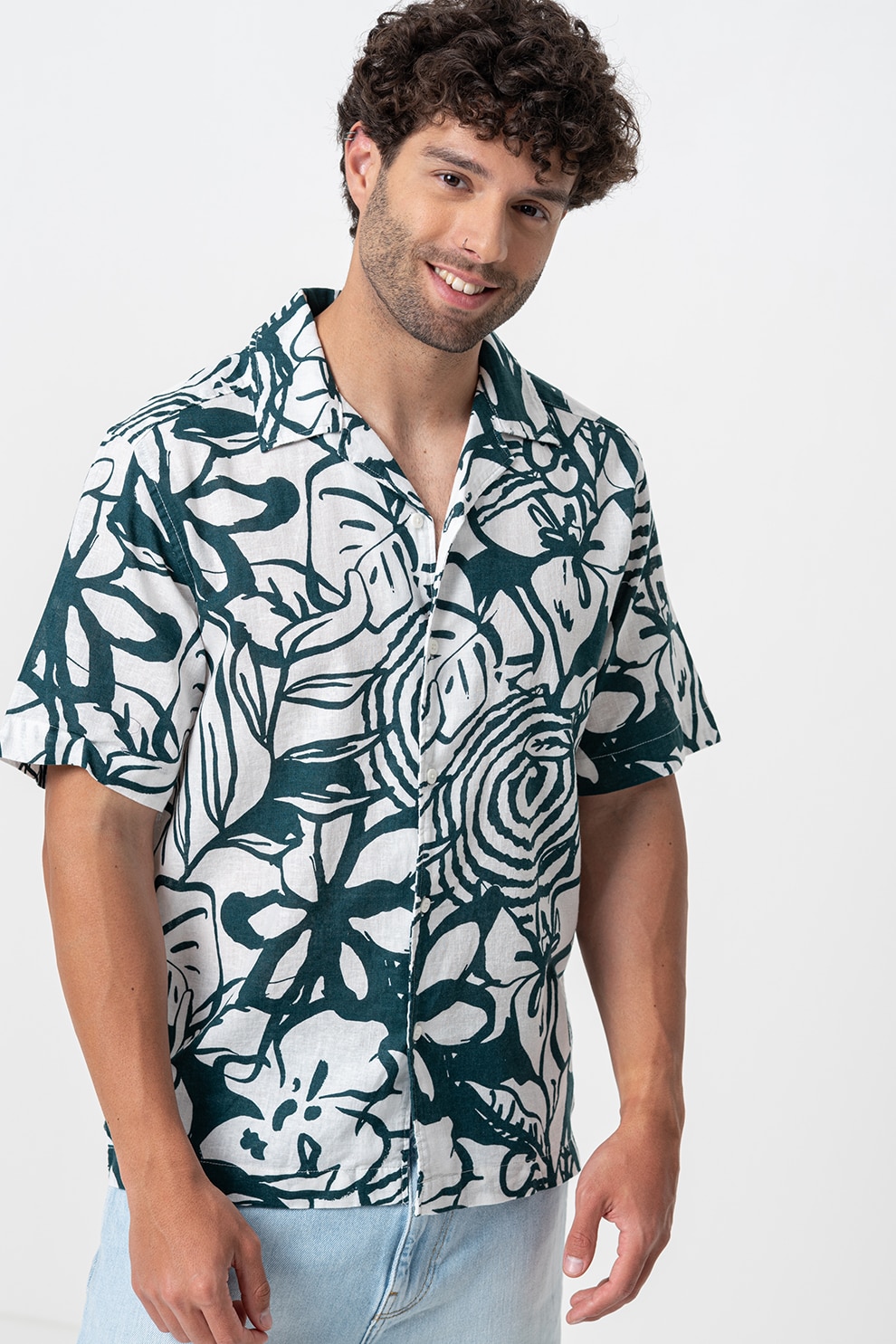 Only & Sons, Camasa din amestec de in cu model, Alb, Verde englez, L