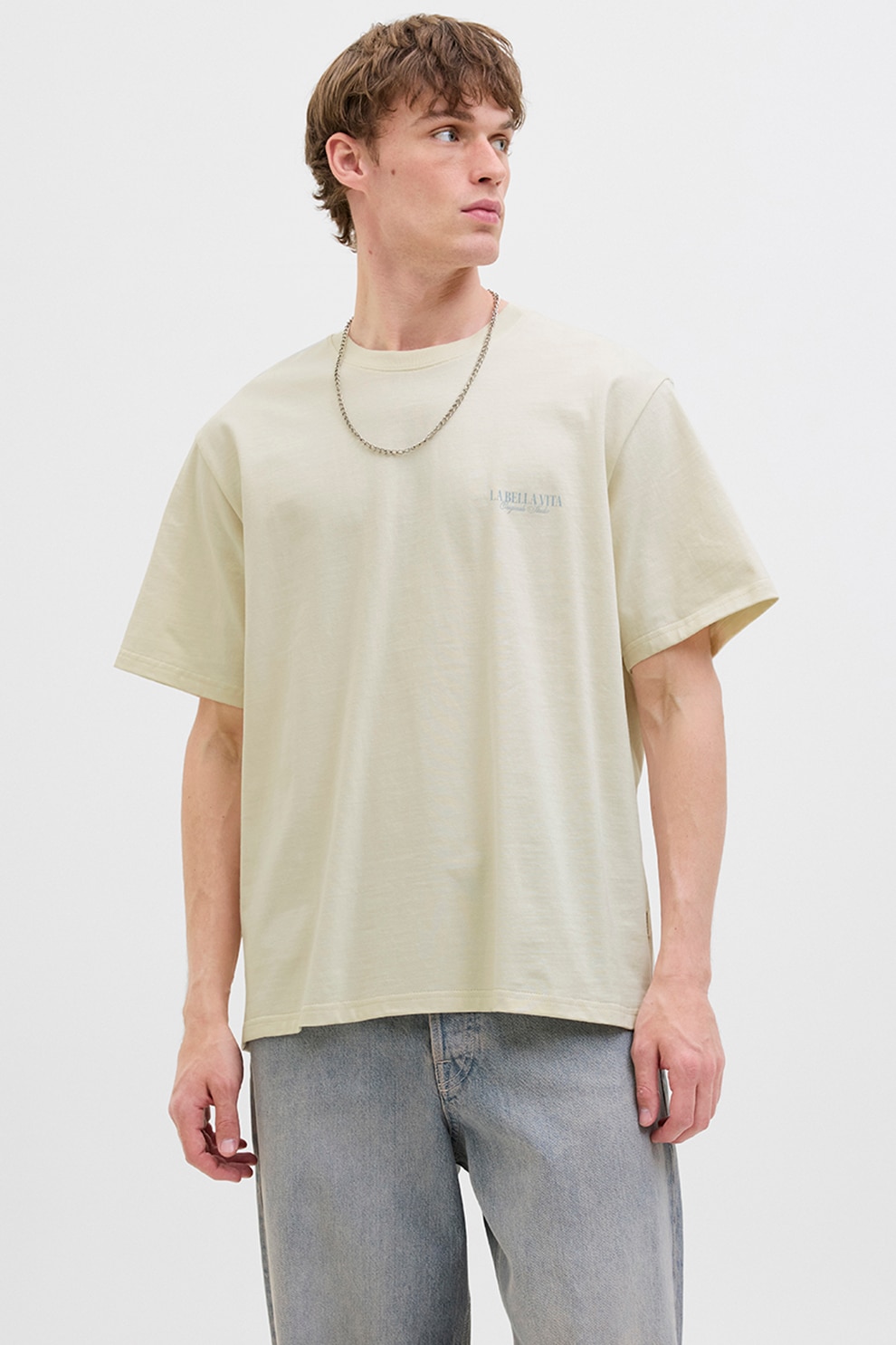 Jack & Jones, Tricou lejer de bumbac cu imprimeu foto pe partea din spate, Verde pal, L