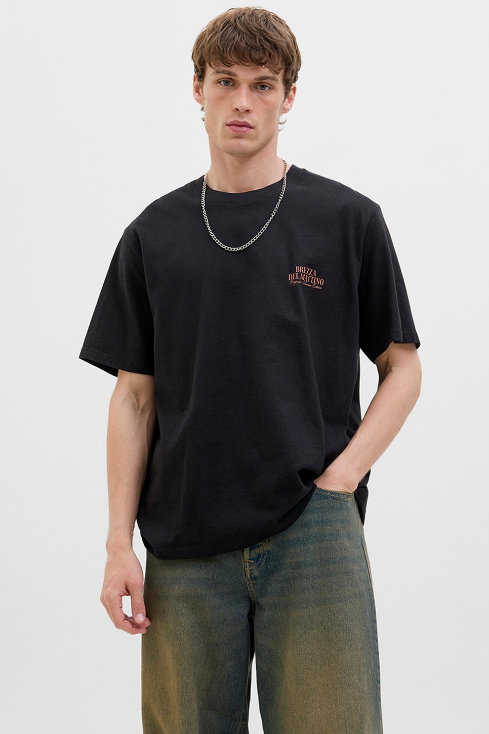 Jack & Jones, Tricou lejer de bumbac cu imprimeu foto pe partea din spate, Negru, S