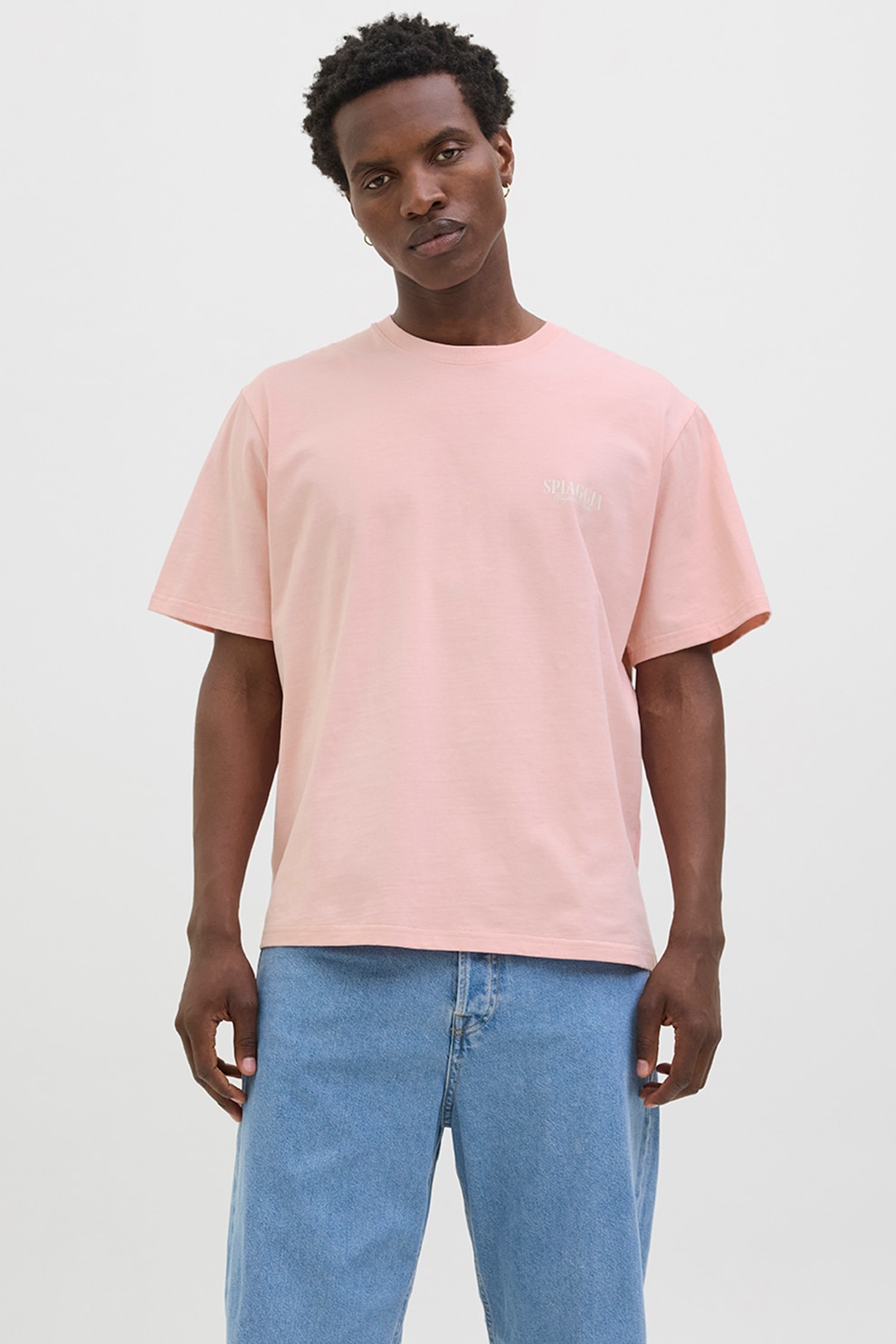 Jack & Jones, Tricou lejer de bumbac cu imprimeu foto pe partea din spate, Roz, L