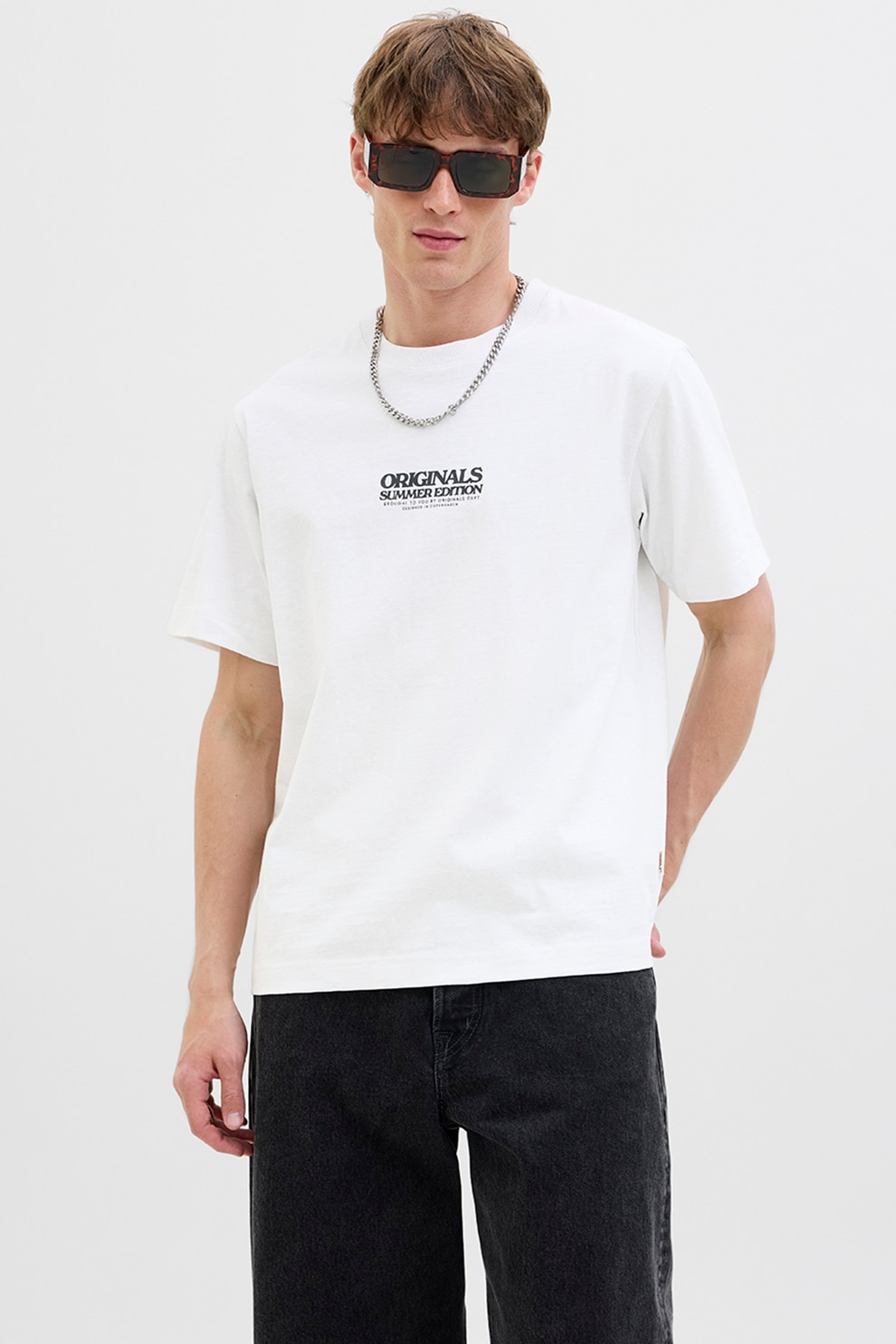 Jack & Jones, Tricou din amestec de bumbac organic cu imprimeu grafic pe partea din spate, Alb, Verde, Roz, XL