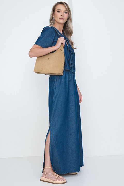 Pieces, Дълга пола от деним с цепка, Тъмносин меланж, L