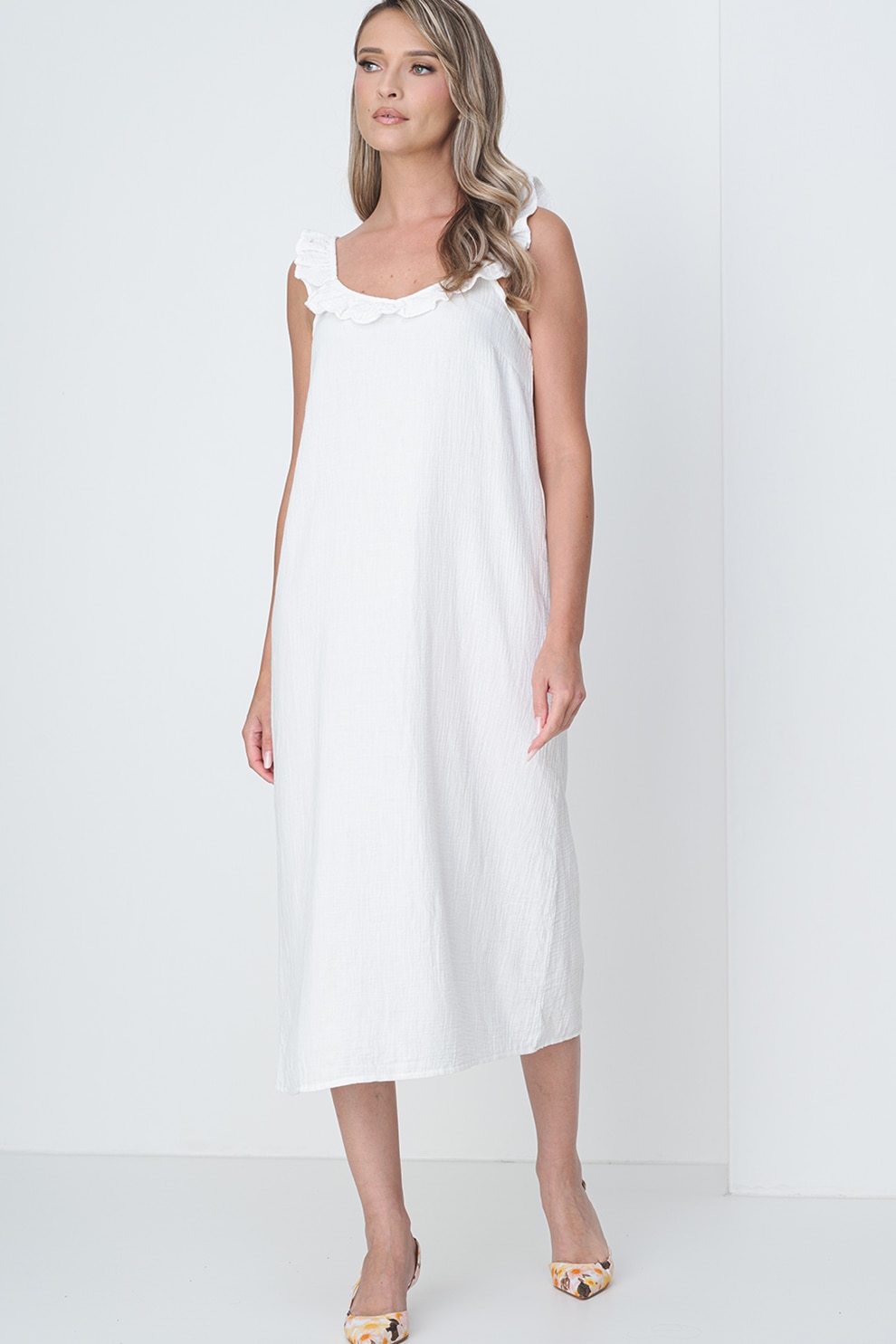 Pieces, Rochie midi cu volane, Alb, M
