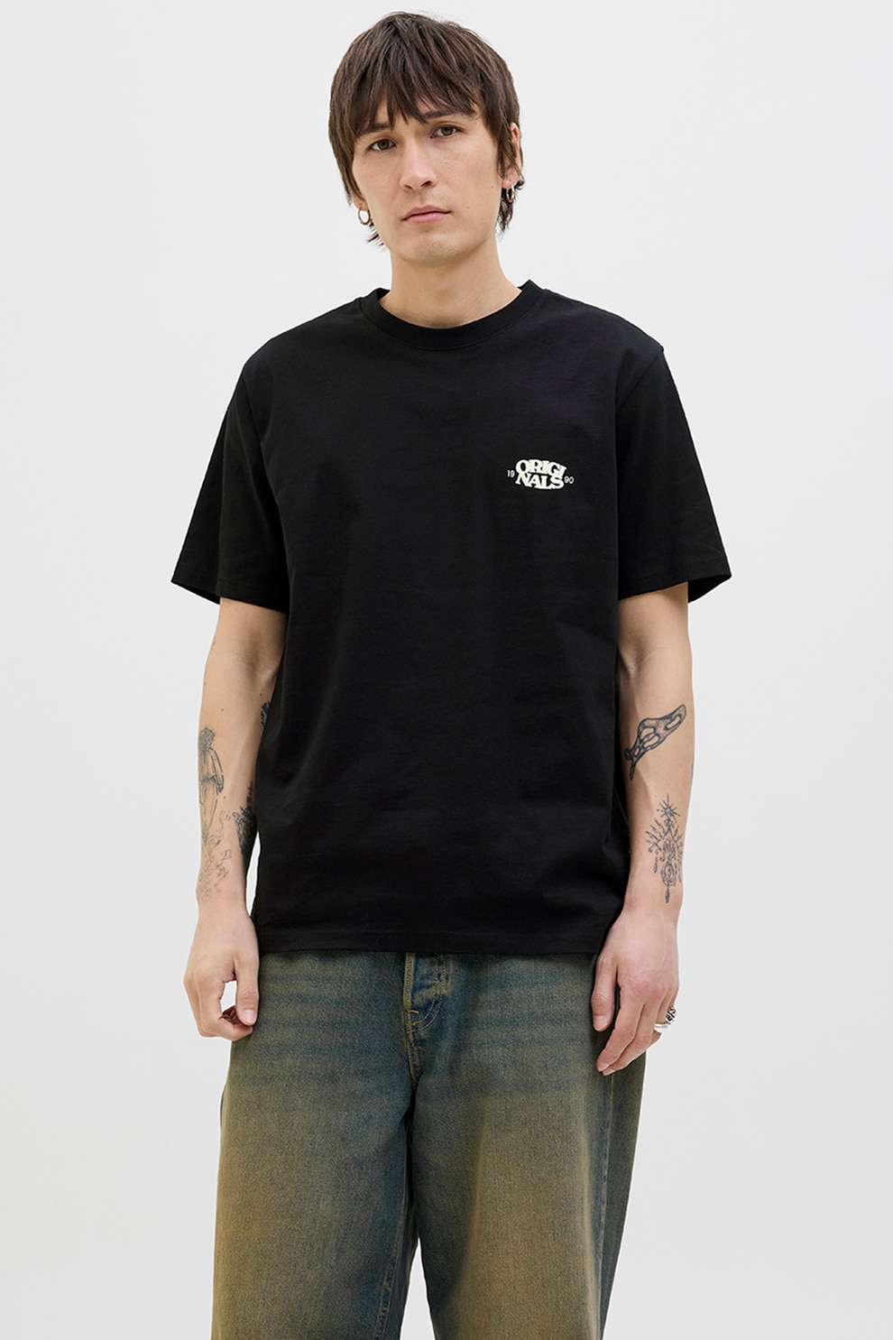 Jack & Jones, Tricou din amestec de bumbac organic cu decolteu la baza gatului, Negru, Crem, S