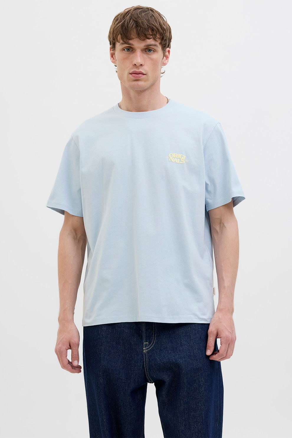 Jack & Jones, Tricou din amestec de bumbac organic cu decolteu la baza gatului, Galben, Albastru azur, XL