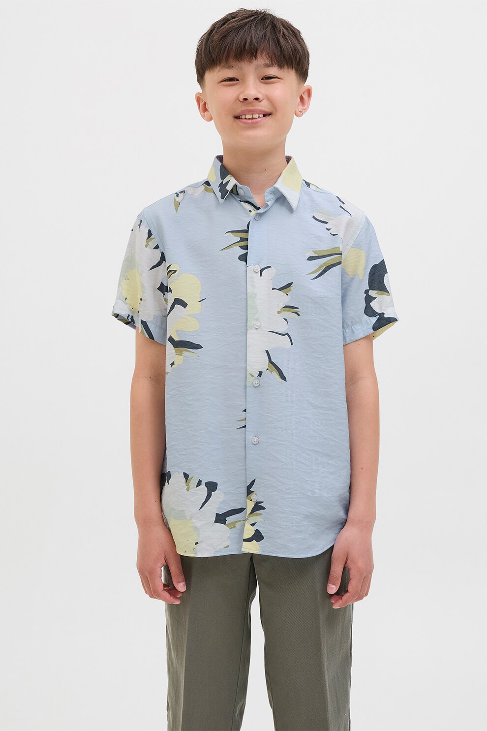 Jack & Jones, Camasa cu maneci scurte si model floral, Alb, Albastru azur, 152 CM