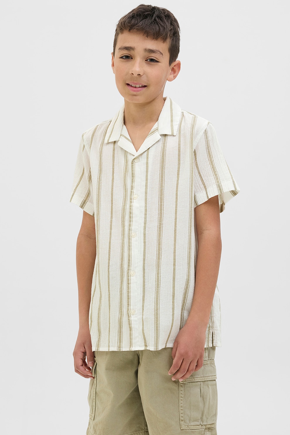 Jack & Jones, Camasa cu maneci scurte si model cu dungi, Alb murdar, Verde fistic, 164 CM