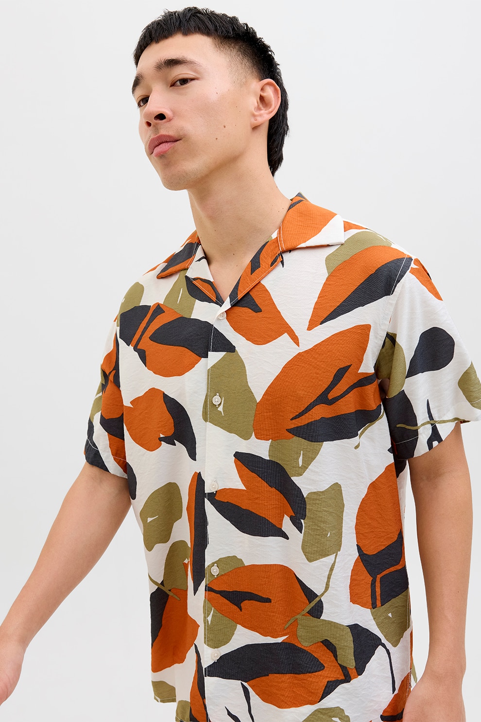 Jack & Jones, Camasa cu maneci scurte si model, Alb, Verde, Portocaliu stins, M