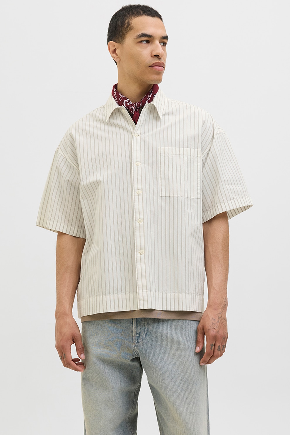 Jack & Jones, Camasa cu maneci scurte si model in dungi, Alb, Verde fistic, L
