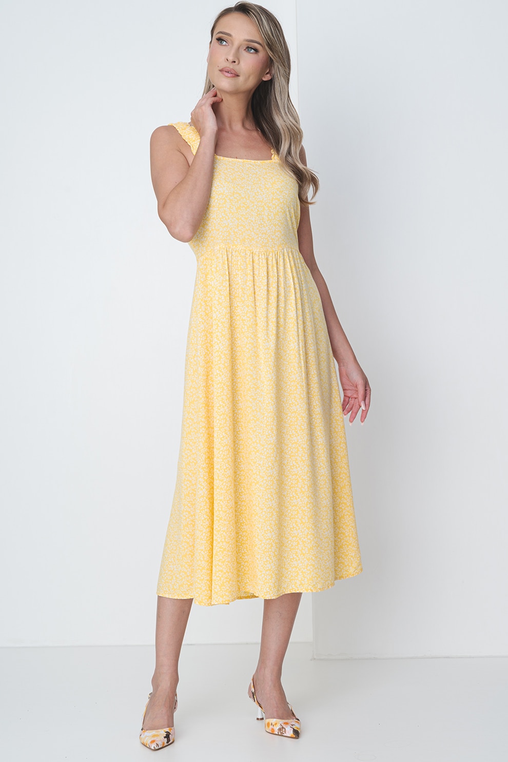 Pieces, Rochie midi cu model floral si decolteu patrat Nya, Galben, L