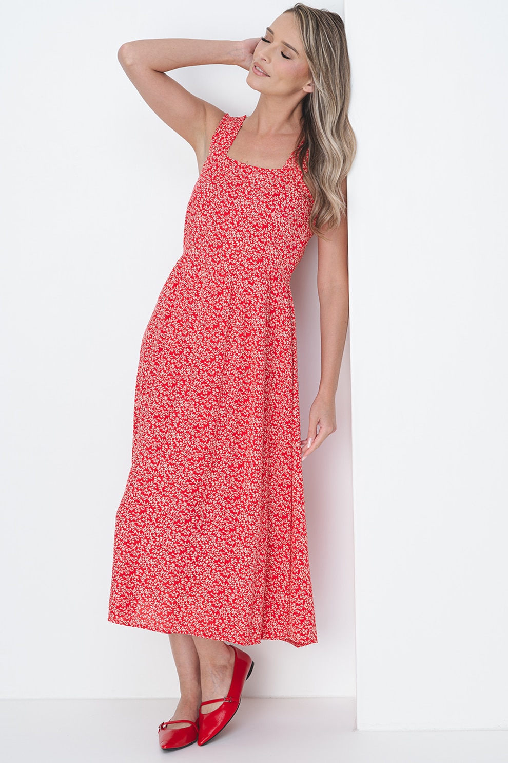 Pieces, Rochie midi cu model floral si decolteu patrat Nya, Rosu, XS