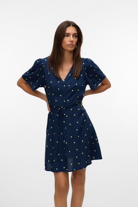 Vero Moda, Rochie mini cu decolteu in V, Alb, Bleumarin, XS