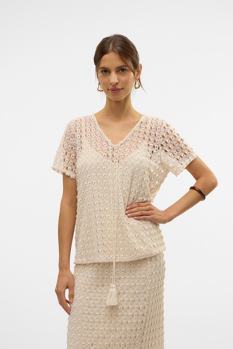 Vero Moda, Bluza cu decolteu in V si maneci scurte, Bej