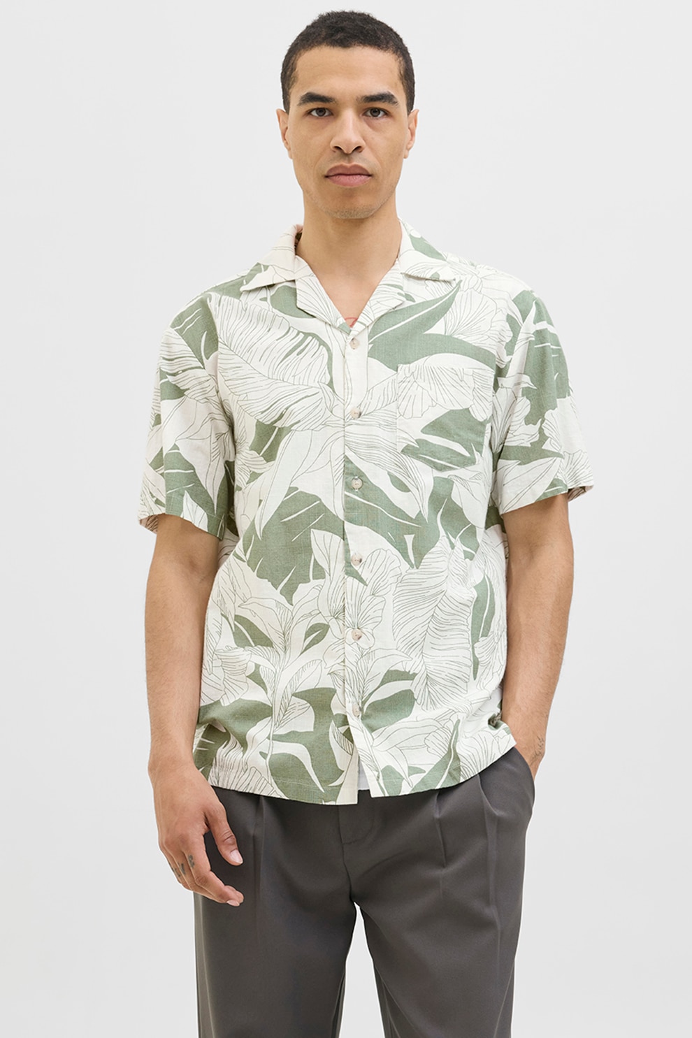 Jack & Jones, Camasa din bumbac cu maneci scurte, Alb, Verde, M