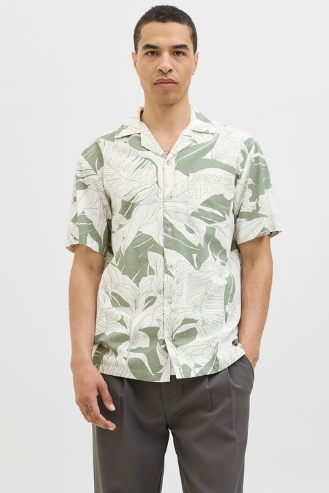 Jack & Jones, Camasa din bumbac cu maneci scurte, Alb/Verde