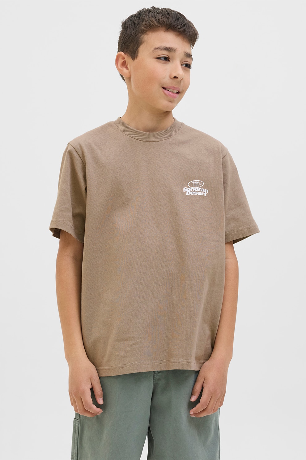 Jack & Jones, Tricou cu decolteu la baza gatului si imprimeu text, Maro nisip, 152 CM