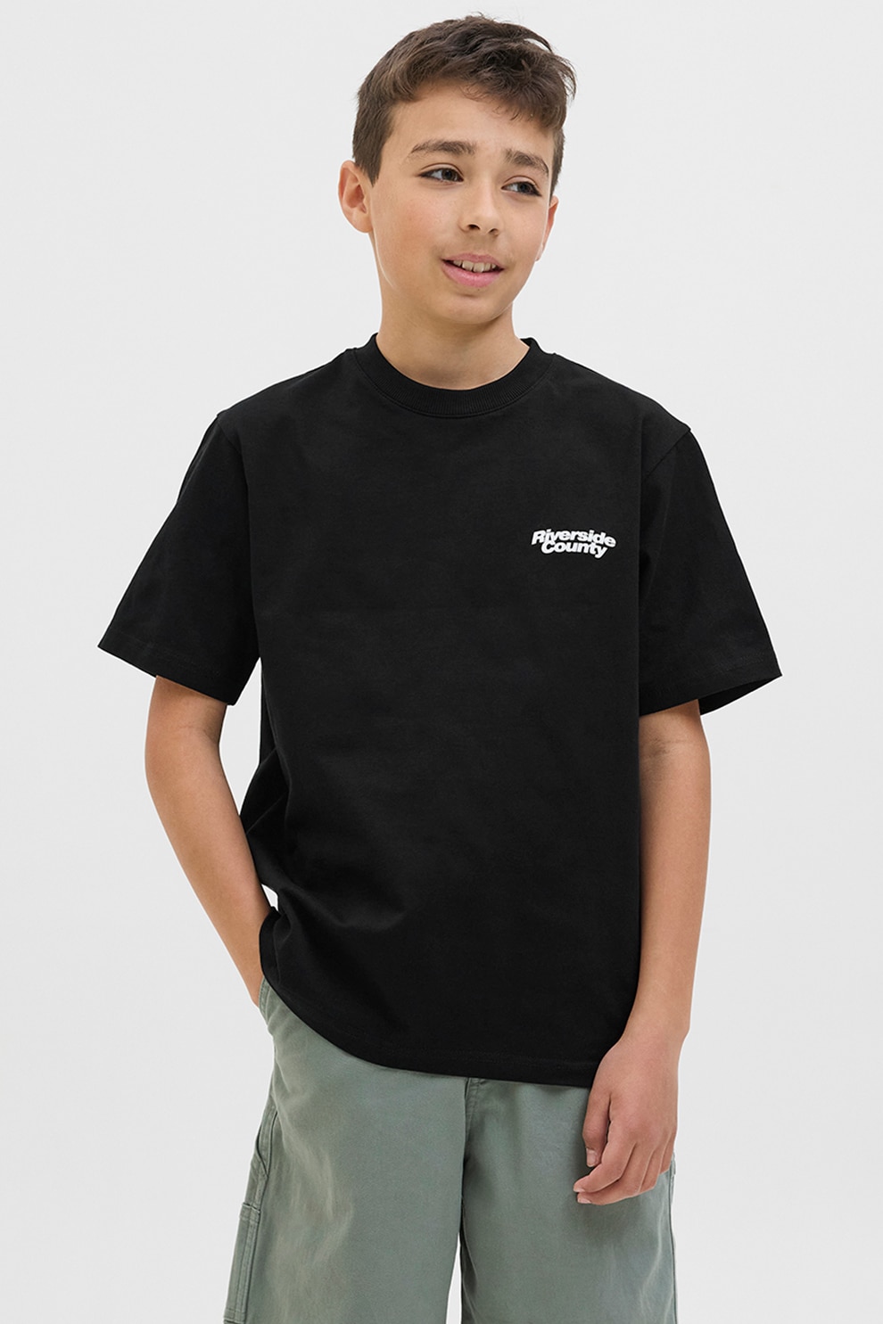 Jack & Jones, Tricou cu decolteu la baza gatului si imprimeu text, Negru, 152 CM