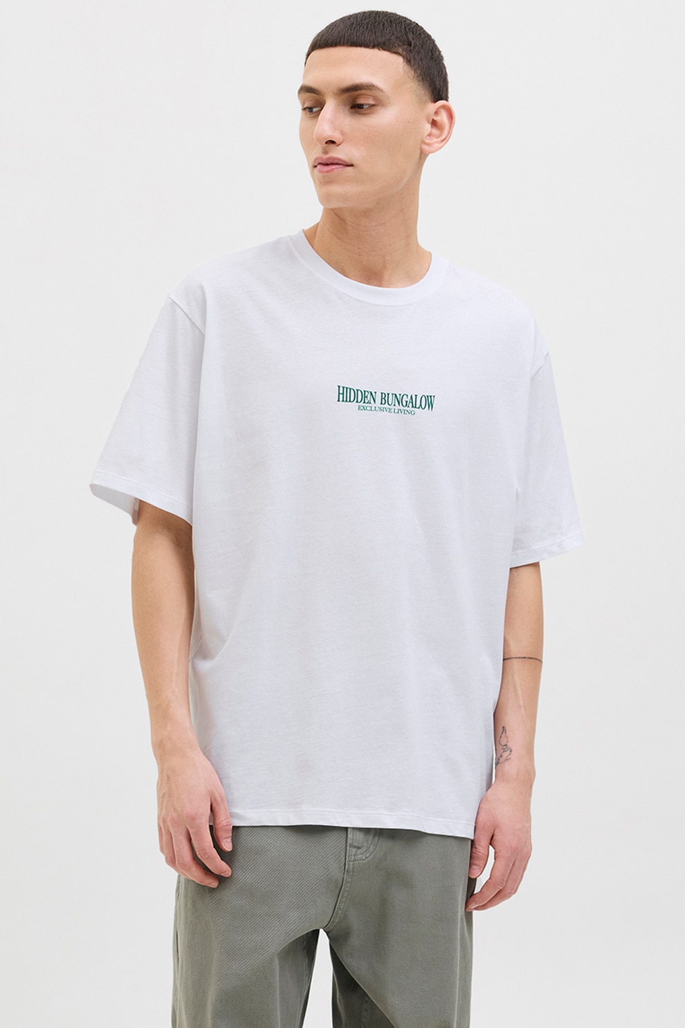 Jack & Jones, Tricou de bumbac cu imprimeu, Alb, Verde, XL