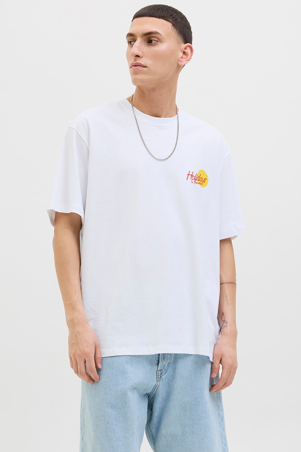 Jack & Jones, Tricou de bumbac cu imprimeu, Rosu, Alb optic, Albastru, XL