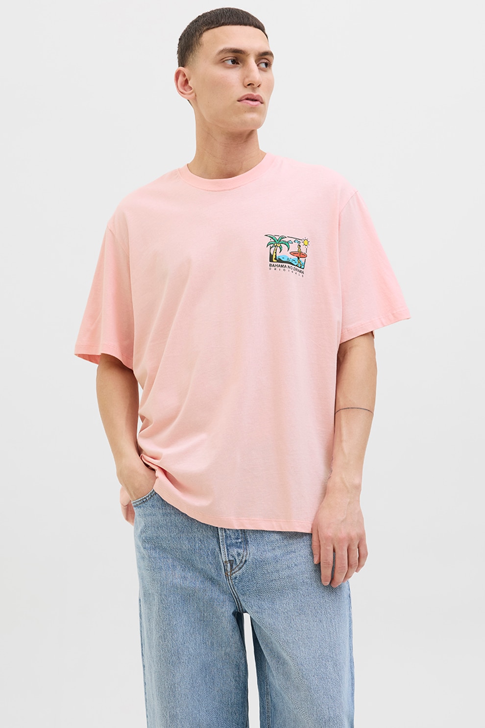 Jack & Jones, Tricou de bumbac cu imprimeu, Verde, Roz, L