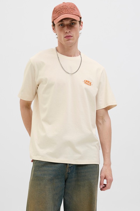 Jack & Jones, Organikuspamut tartalmú póló kerek nyakrésszel, Narancssárga/Krémszín