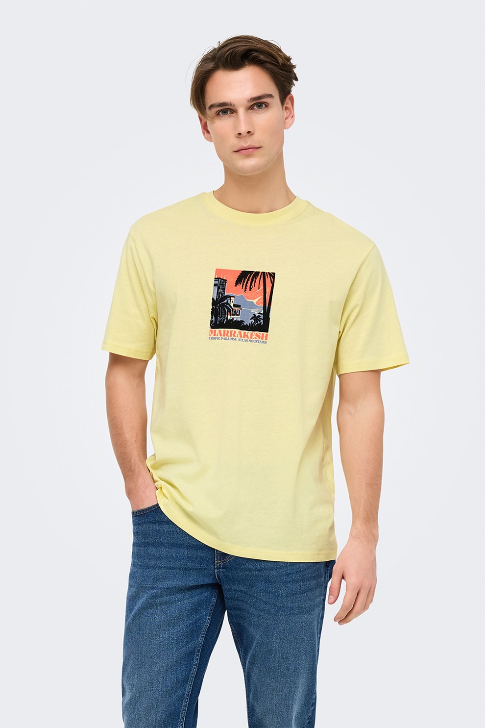 Only & Sons, Tricou din bumbac cu imprimeu grafic discret, Galben, XL