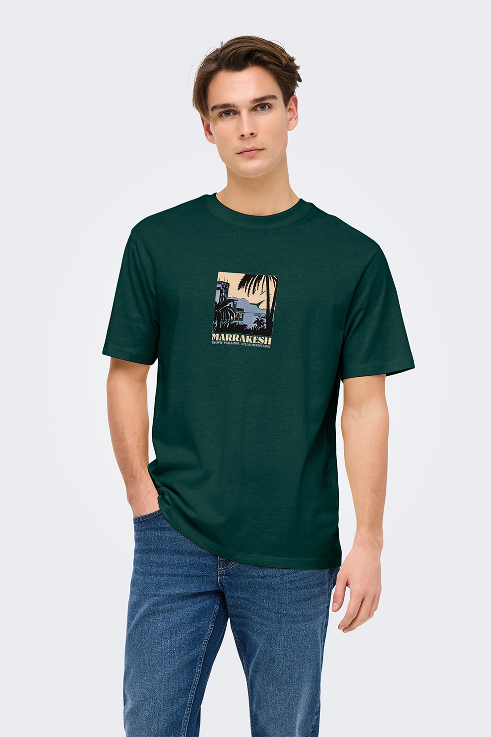 Only & Sons, Tricou din bumbac cu imprimeu grafic discret, Verde padure, M