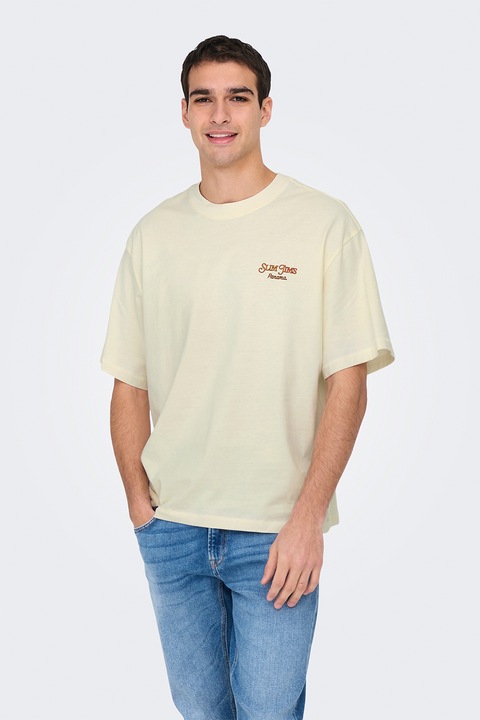 Only & Sons, Ejtett ujjú bő fazonú póló mintával a hátoldalán, Narancssárga/Krémszín