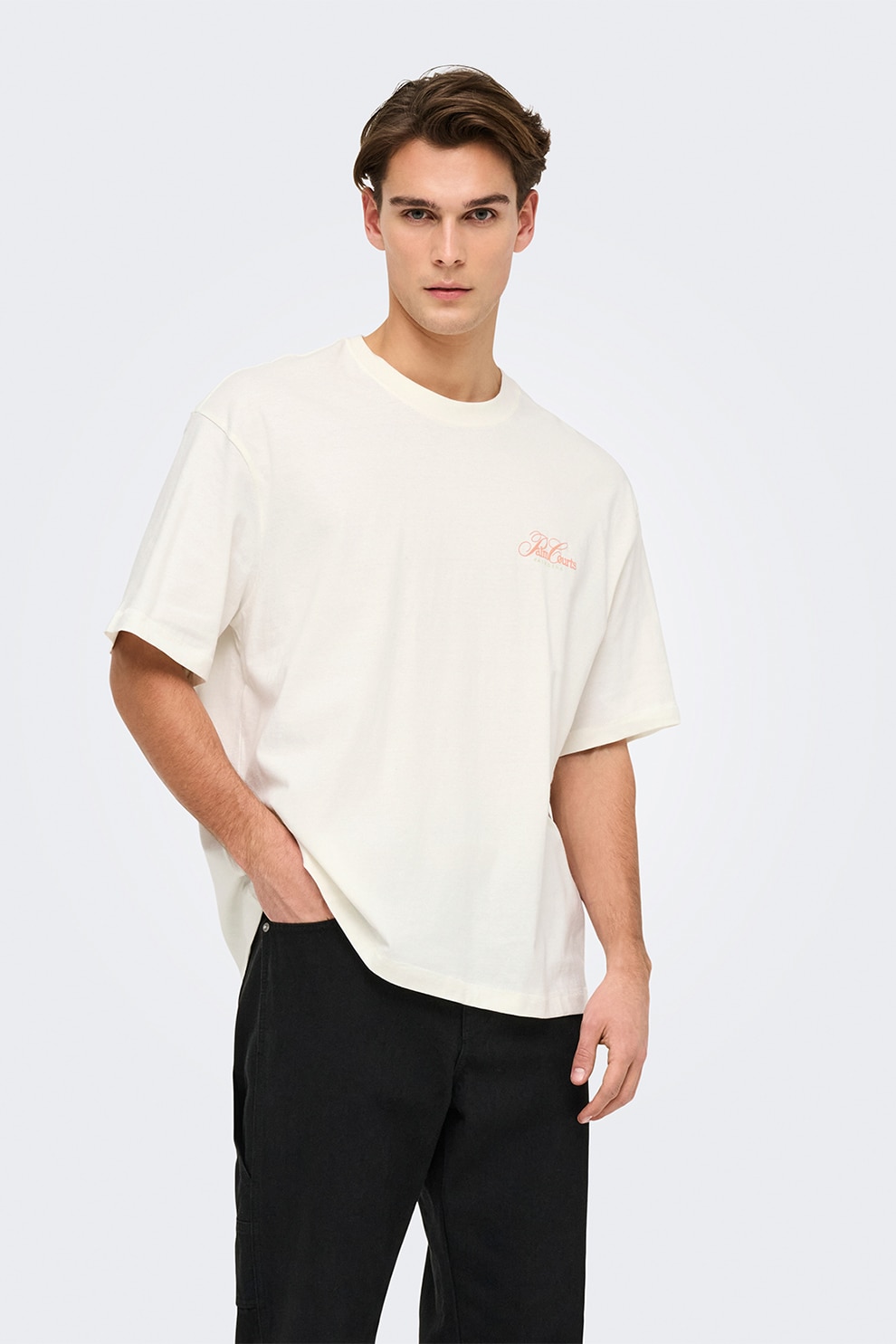 Only & Sons, Tricou lejer cu imprimeu grafic si model text pe partea din spate, Alb, Roz prafuit, M