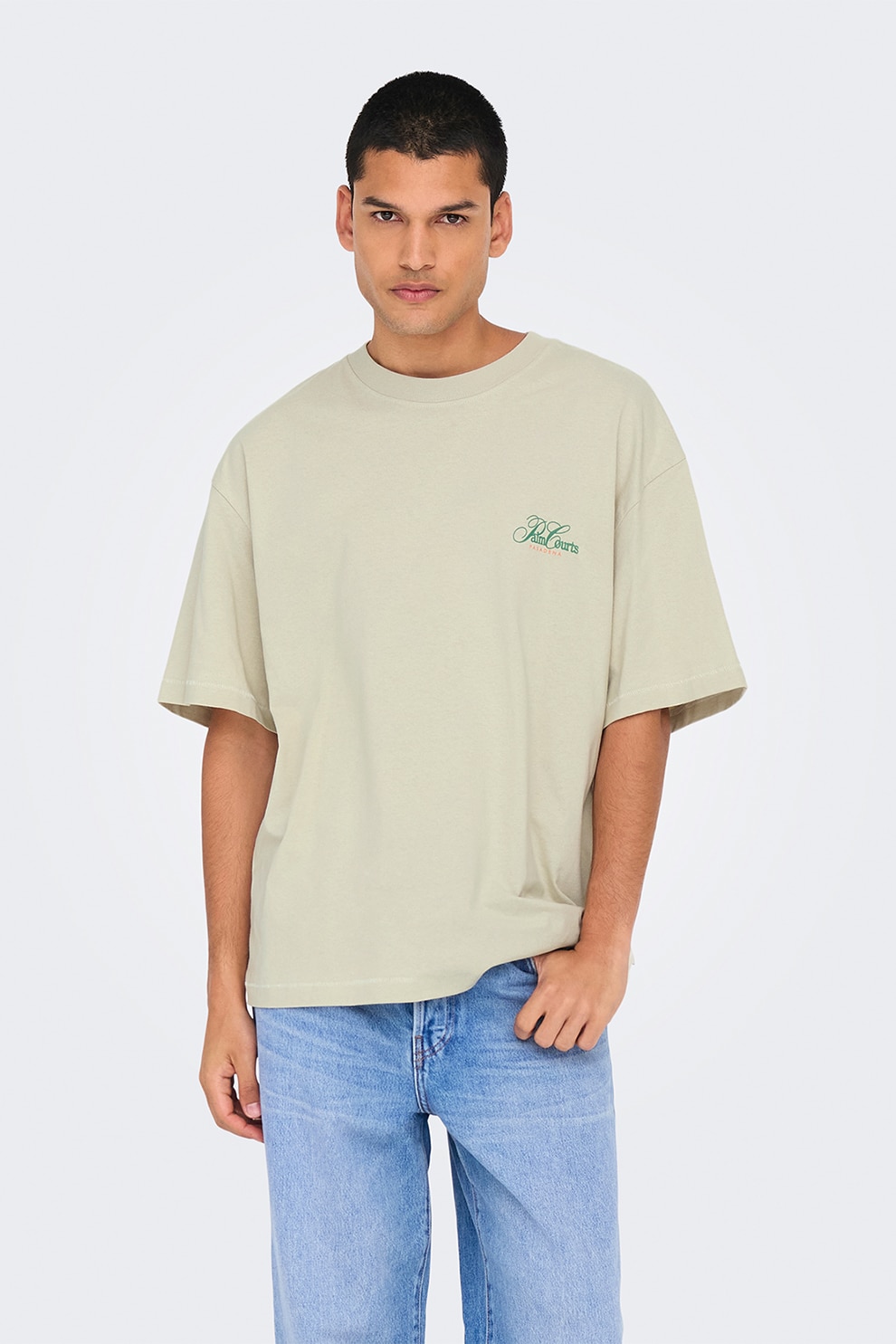 Only & Sons, Tricou lejer cu imprimeu grafic si model text pe partea din spate, Verde, Verde pal, M