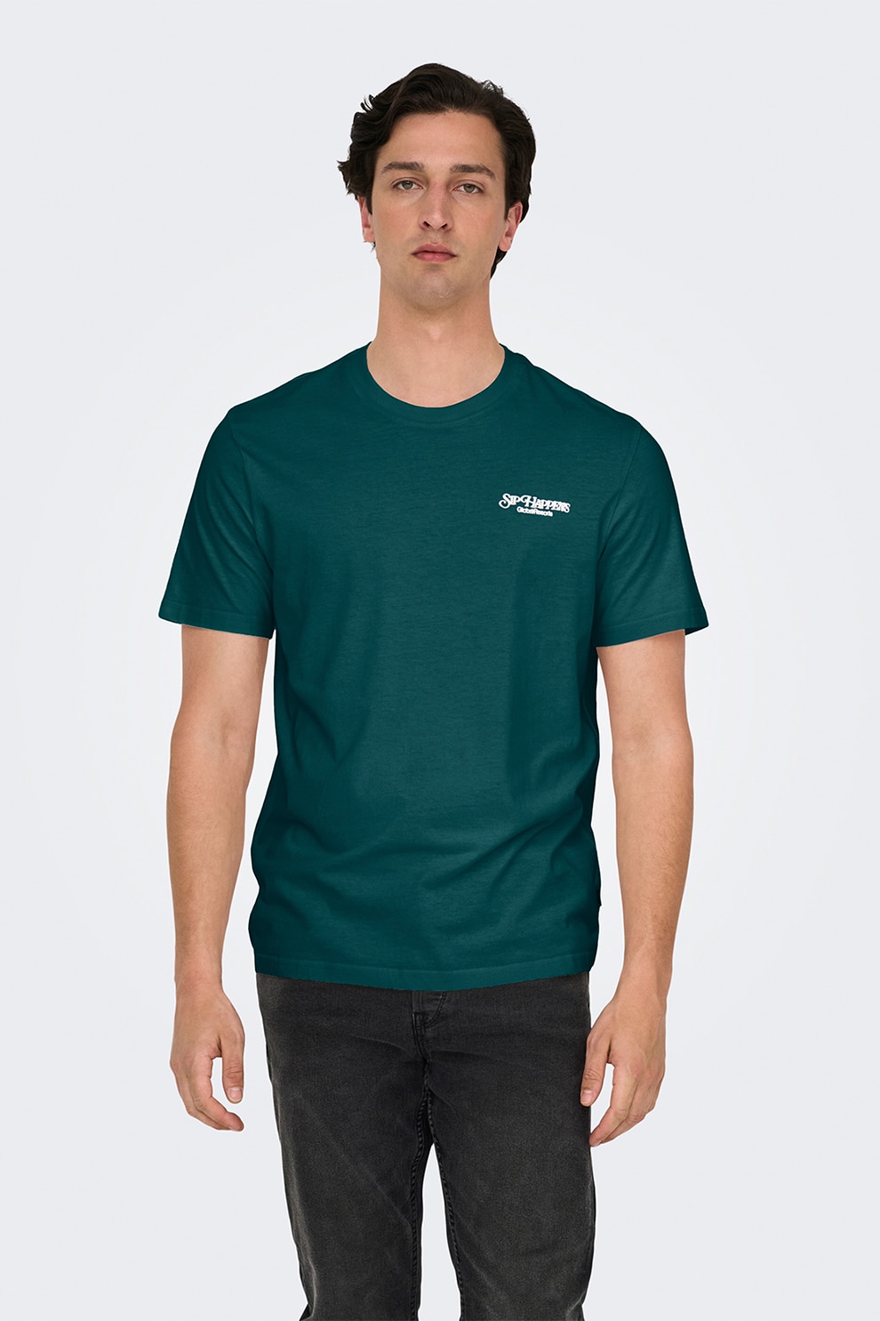 Only & Sons, Tricou regular-fit din bumbac organic cu imprimeu pe partea din spate, Verde padure, XL