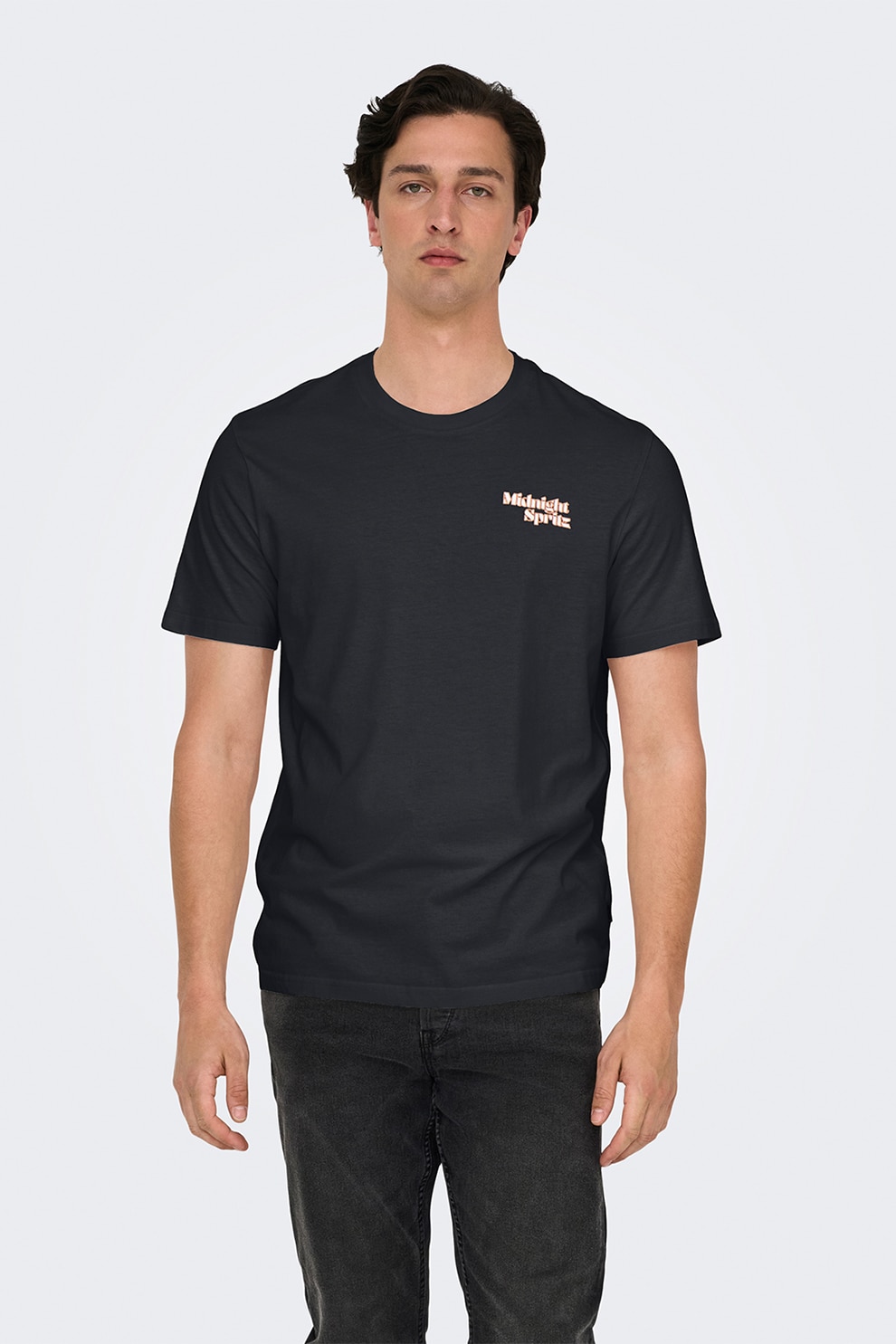 Only & Sons, Tricou regular-fit din bumbac organic cu imprimeu pe partea din spate, Negru, Portocaliu, 2XL