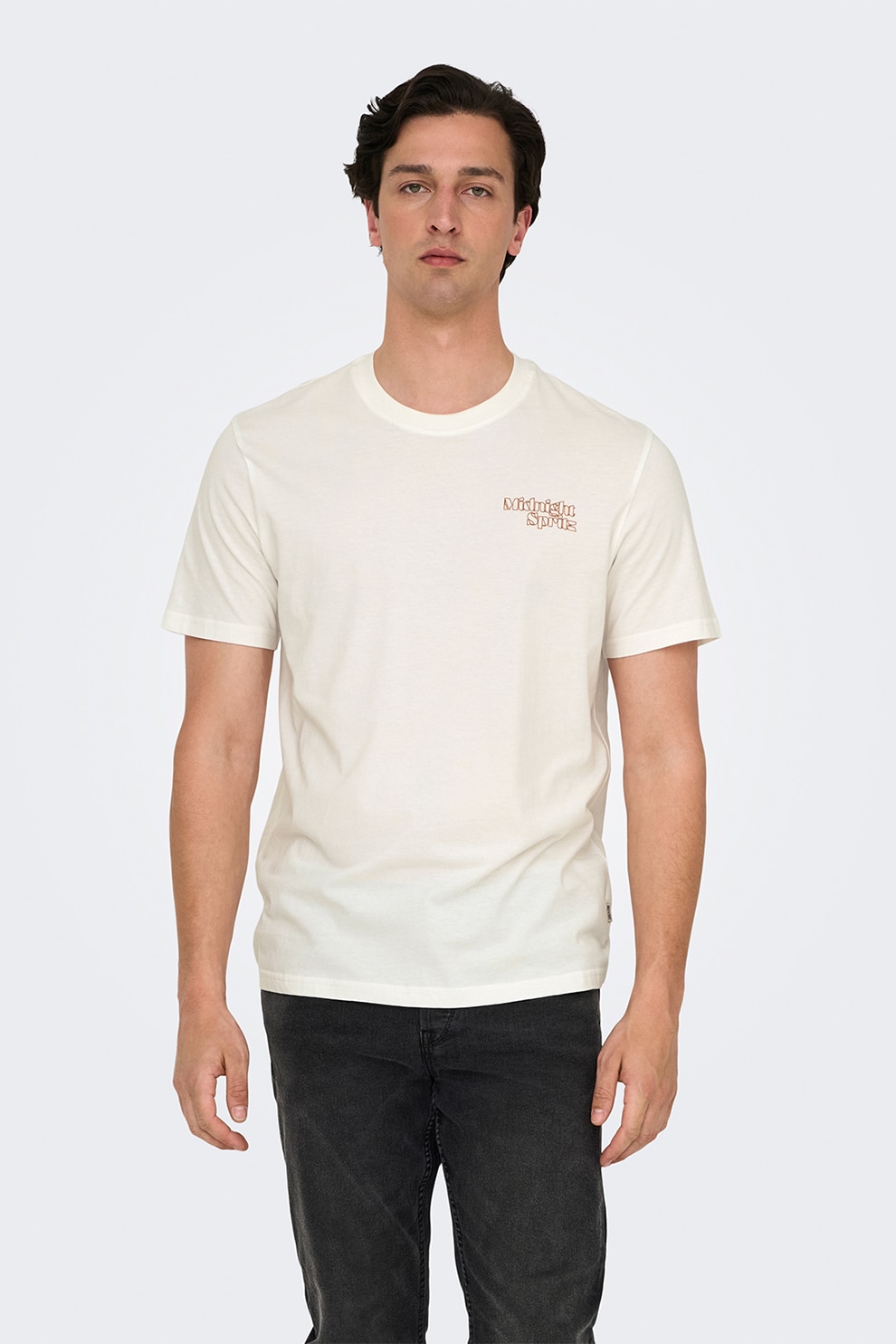 Only & Sons, Tricou regular-fit din bumbac organic cu imprimeu pe partea din spate, Portocaliu, Alb murdar, S