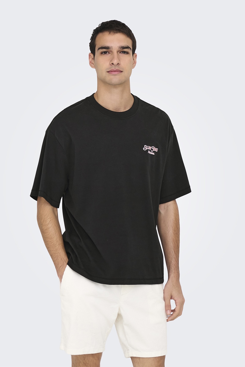 Only & Sons, Tricou lejer cu maneci cazute si imprimeu pe partea din spate, Negru, Roz, M