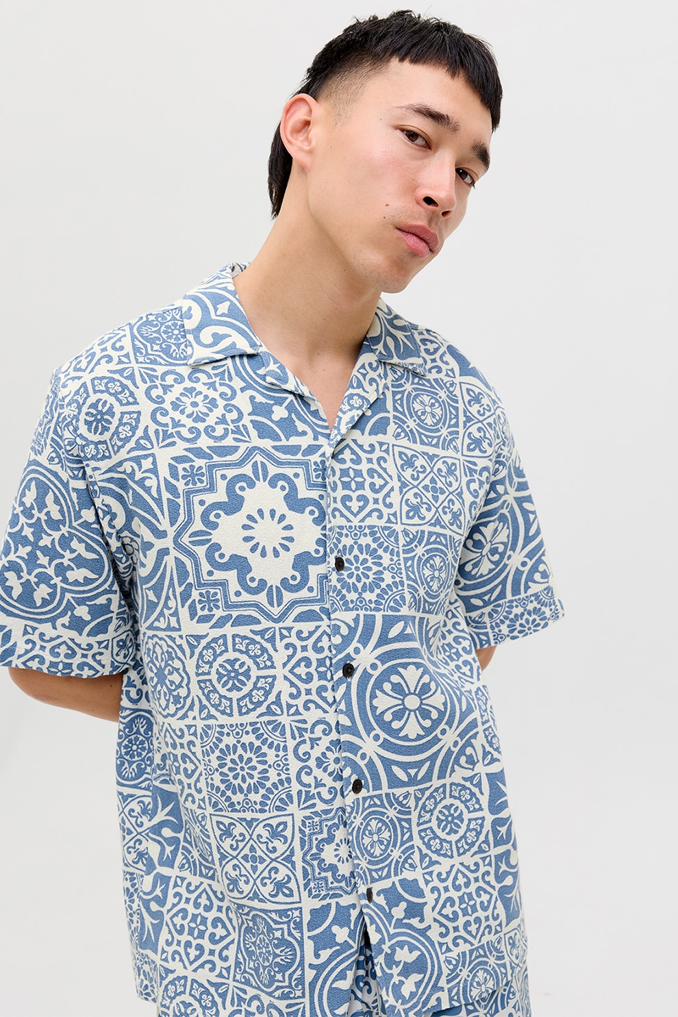 Jack & Jones, Camasa relaxed fit cu maneci scurte, Alb, Albastru pastel, S