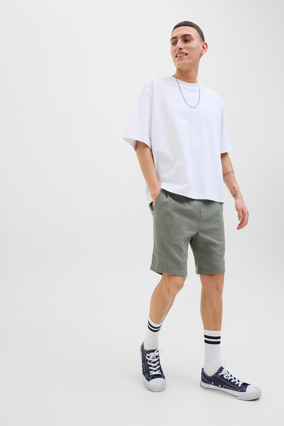 Jack & Jones, Pantaloni scurti cu snur si model texturat, Verde prafuit, S