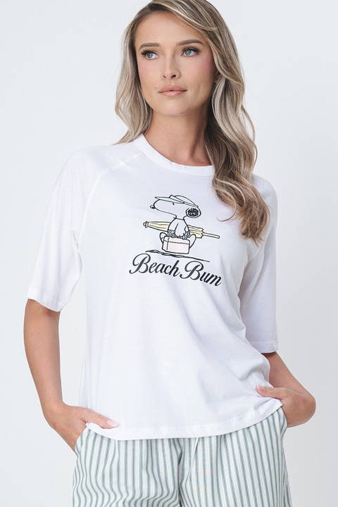 Only, Tricou de bumbac organic cu maneci raglan Life, Alb/Negru